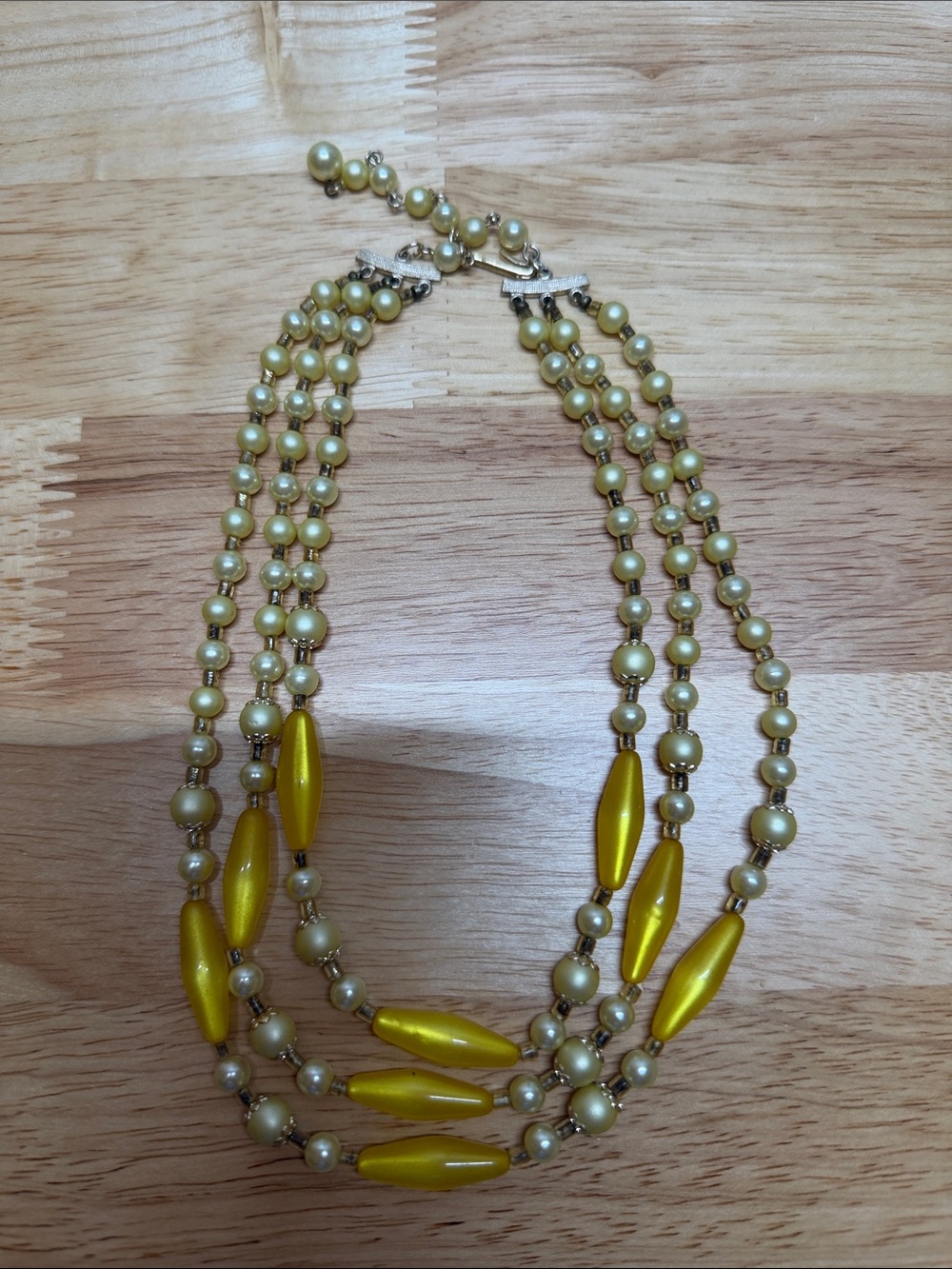Vintage Triple Strand Yellow Beaded Choker Necklace